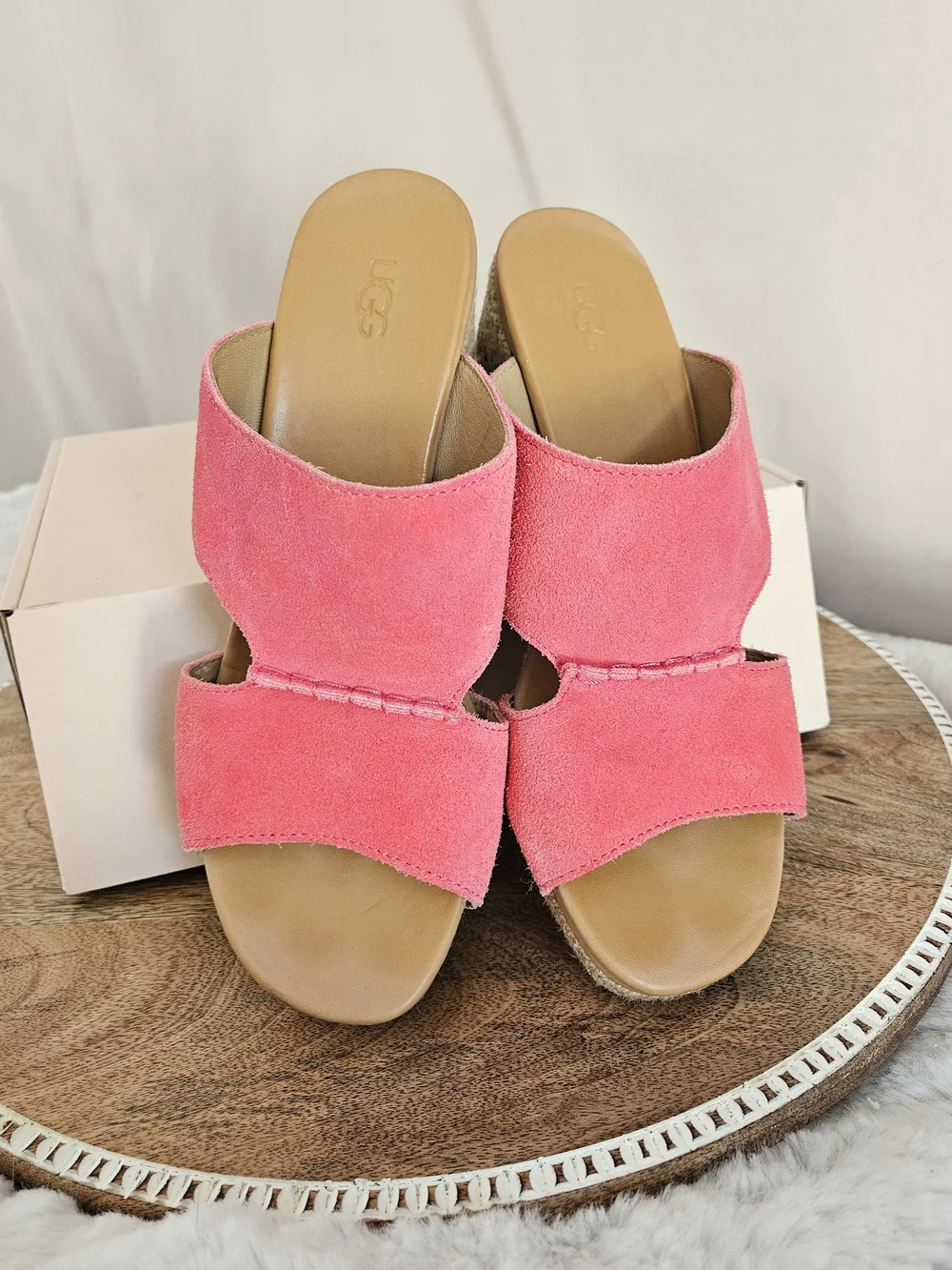 UGG Pink Suede Wedge Slide Sandals